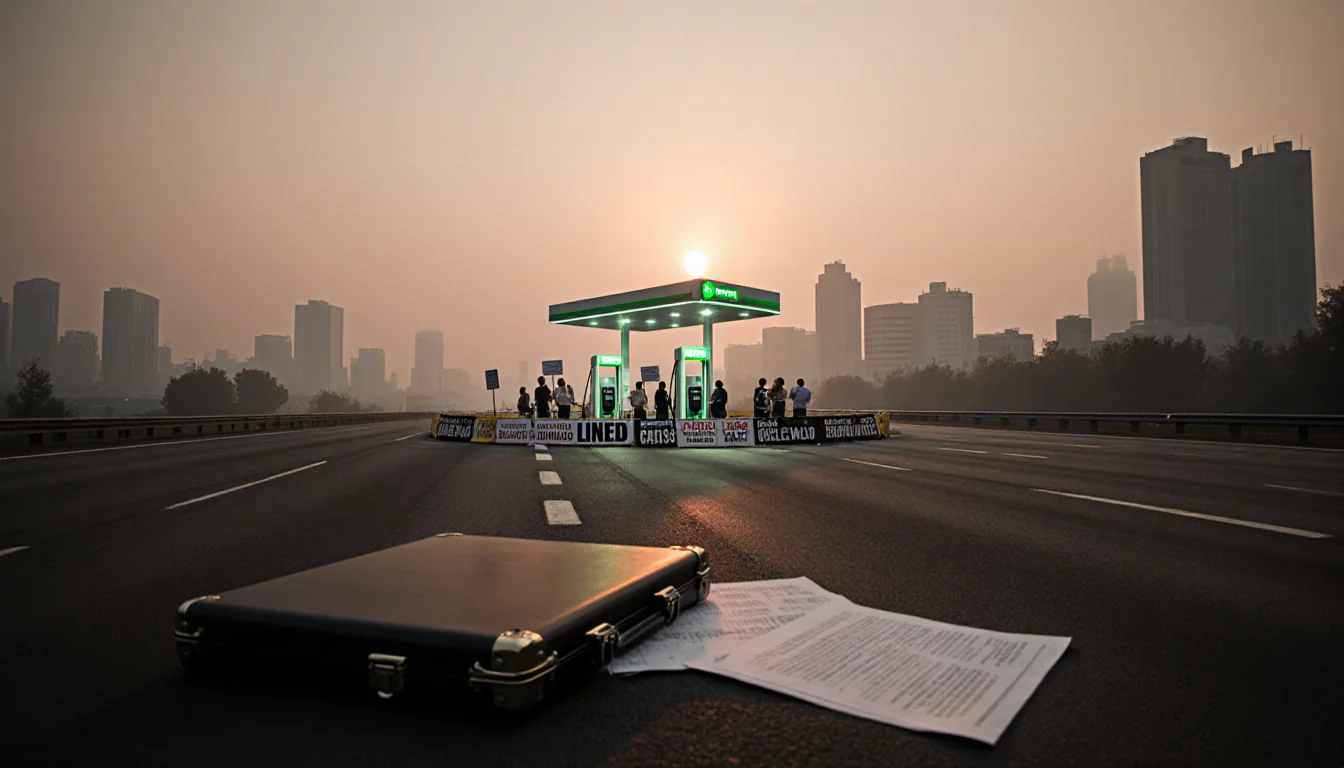 Citizens gather around the electric vehicle charging station with protest signs and a lawyer