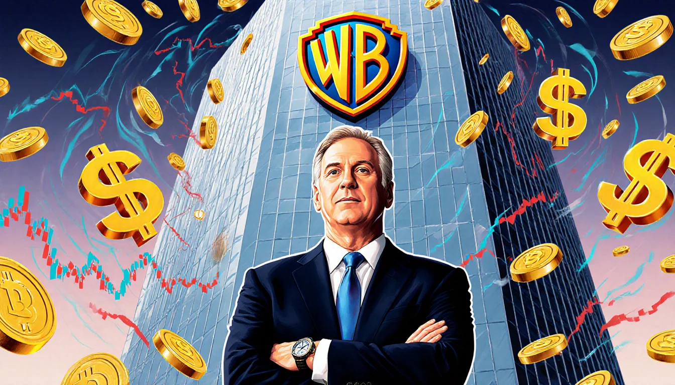David Ellison standing at a skyscraper with Warner Bros. Discovery logo surrounded by money symbols and luxury watches.