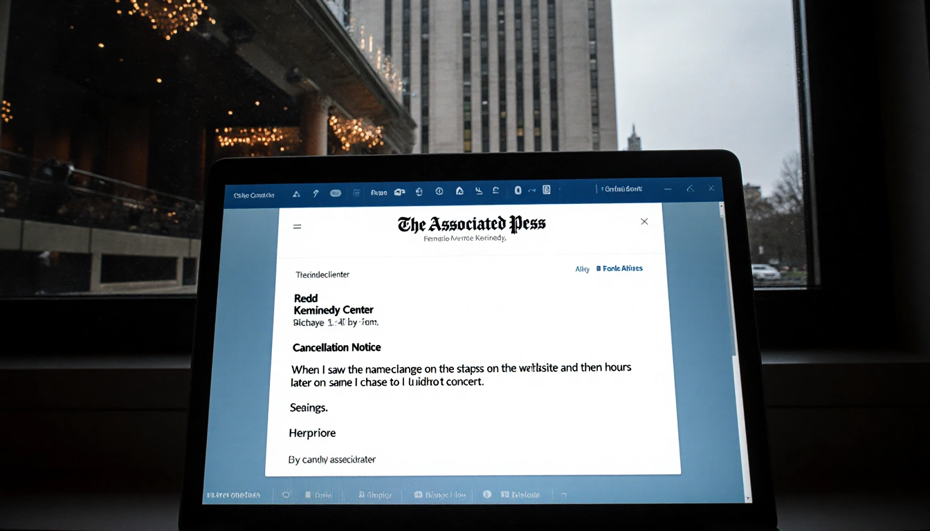 Computer screen showing email inbox with Concert Cancellation Notice from Redd to AP and Kennedy Center venue behind window.