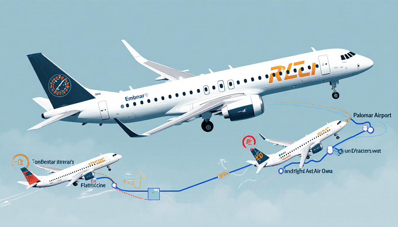 Embraer 175 flying with parallel routes to Denver and San Francisco and air traffic control guide in background