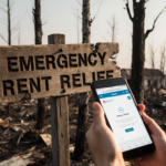 Young person holding phone with Emergency Rent Relief sign and charred trees behind looking up toward hopeful light