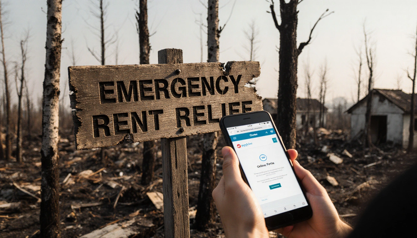 Young person holding phone with Emergency Rent Relief sign and charred trees behind looking up toward hopeful light