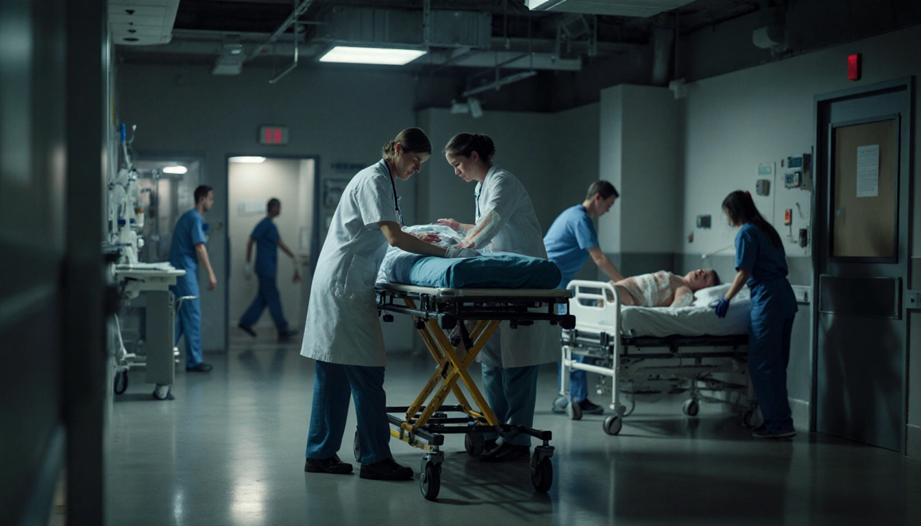 Doctor and nurse tend to patient on stretcher with bandaged patient lying nearby in emergency room