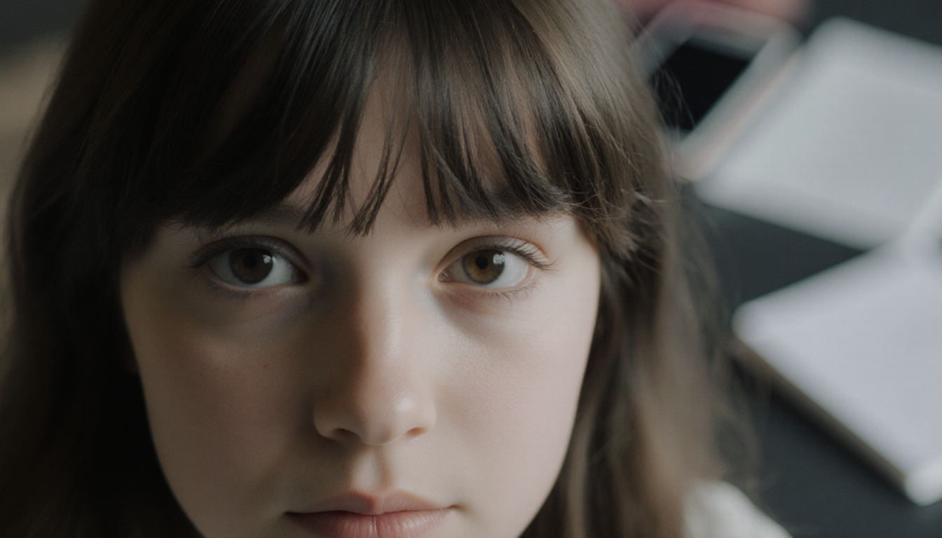 Emily smiles with new choppy bangs framing her eyes and a phone reflection hinting at drama in the blurred background.