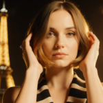 Emily Collins smiles while holding her new bob haircut with golden light and a blurred Eiffel Tower behind