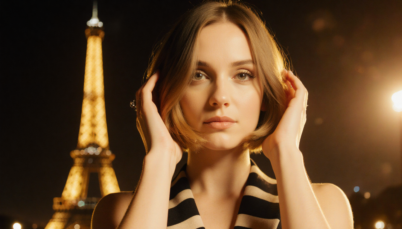 Emily Collins smiles while holding her new bob haircut with golden light and a blurred Eiffel Tower behind
