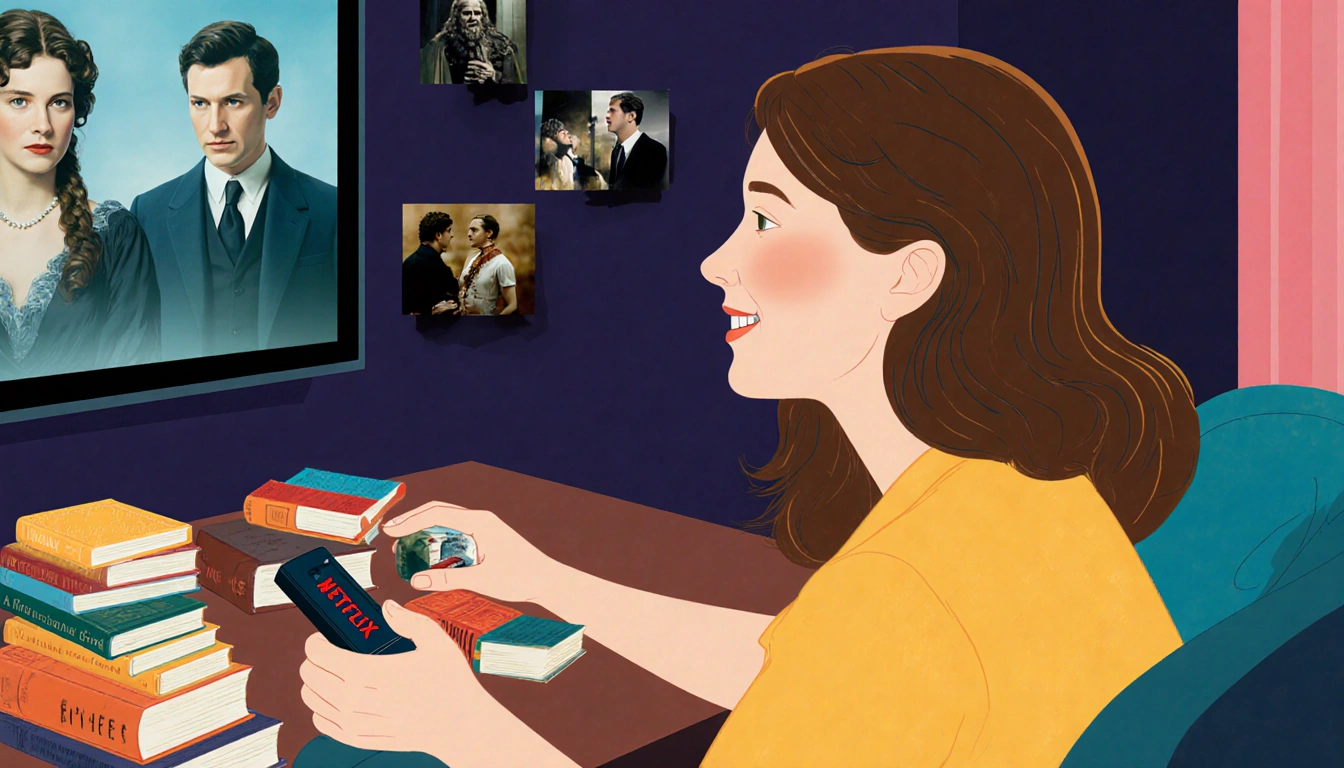 Emily Henry sits in front of a movie screen smiling with a Netflix remote and books like Wuthering Heights