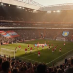 Arsenal players warming up with fans cheering and Aston Villa supporters in stands at Emirates Stadium under golden lighting.
