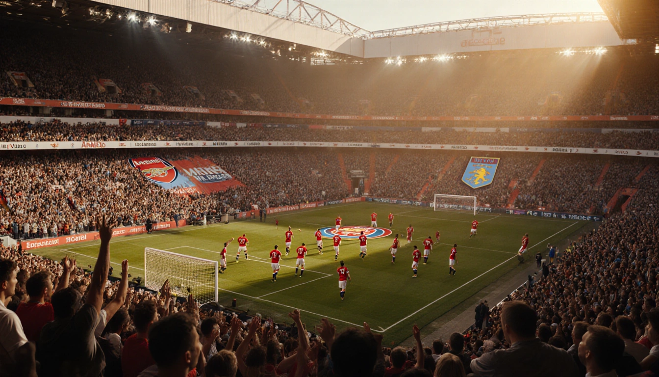 Arsenal players warming up with fans cheering and Aston Villa supporters in stands at Emirates Stadium under golden lighting.