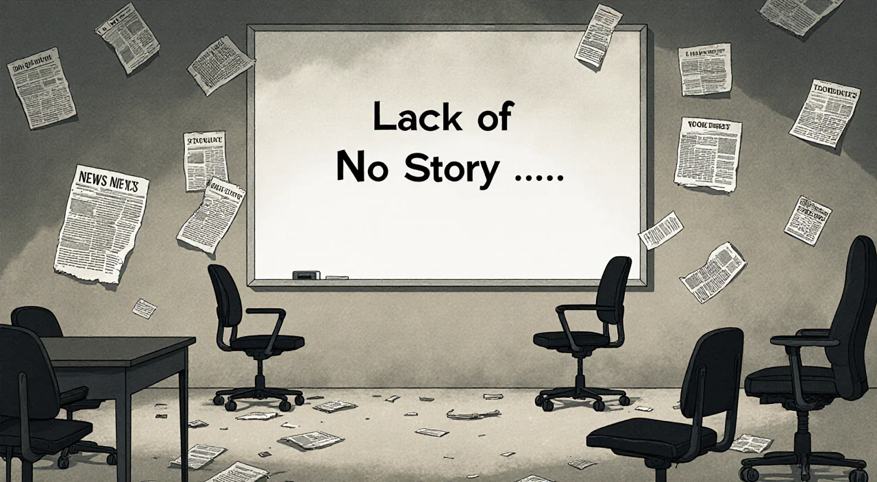 Whiteboard bearing No Story with empty newsroom chairs and abandoned desks in a barren landscape.