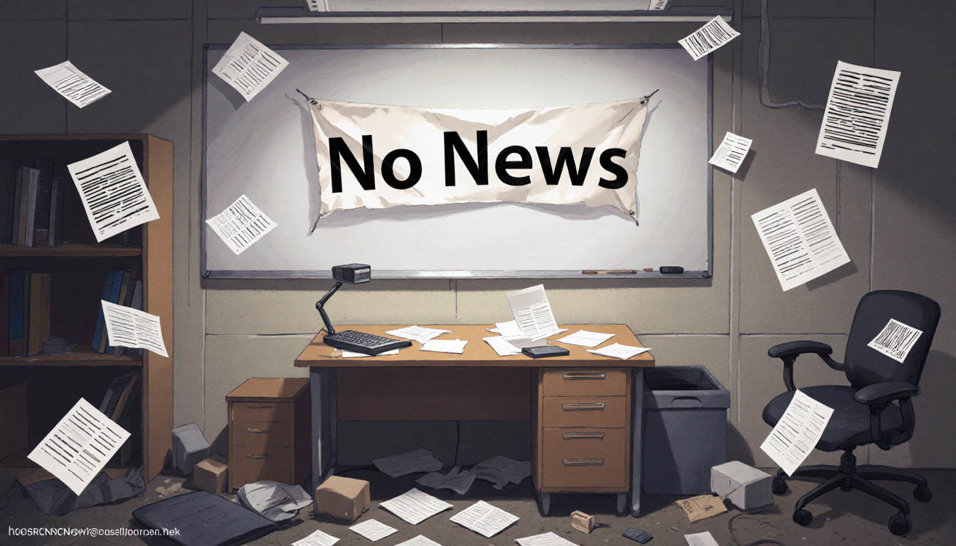 No News banner hanging with scattered papers and abandoned reporting equipment in a muted newsroom