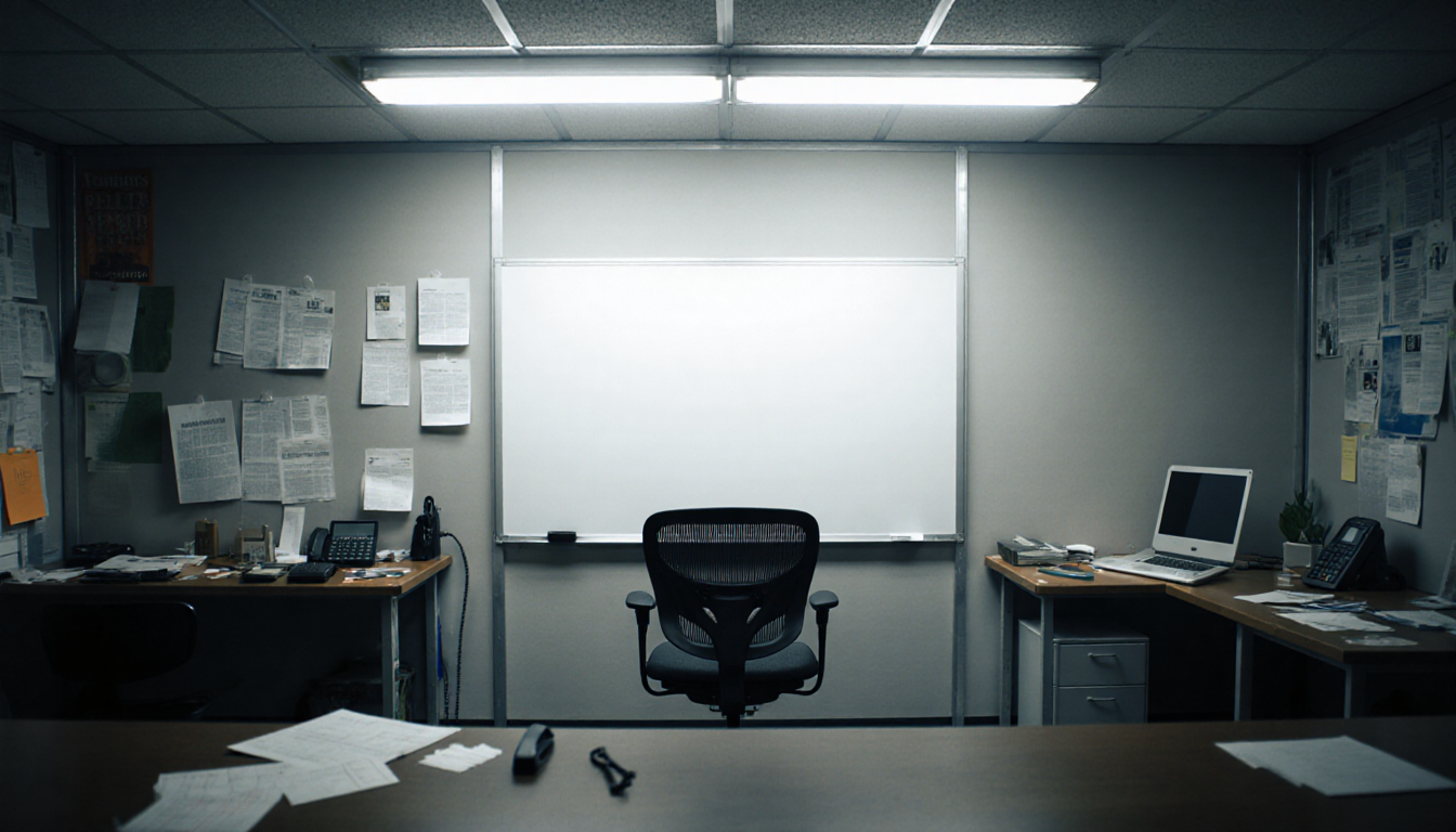 Blank whiteboard displays an empty article summary in the center of a newsroom with scattered notes