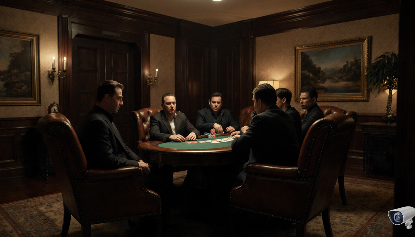 Players playing poker at a large wooden table with plush leather armchairs and dimly lit clandestine surroundings