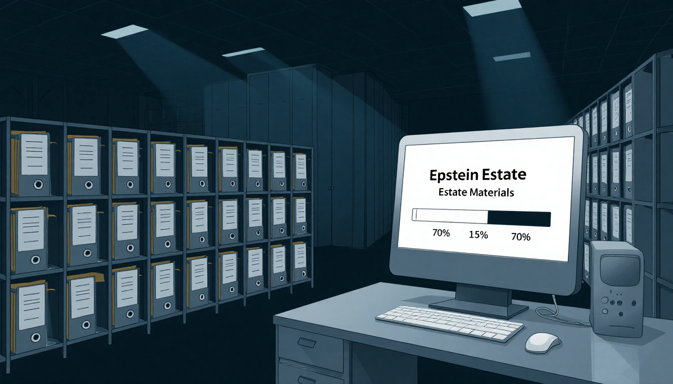 Computer terminal shows 75% progress bar with labeled file shelves of Epstein Estate Materials and catalog grid in background
