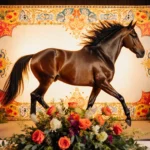 Majestic horse prancing in golden light with ornate floral backdrop and festive green foliage