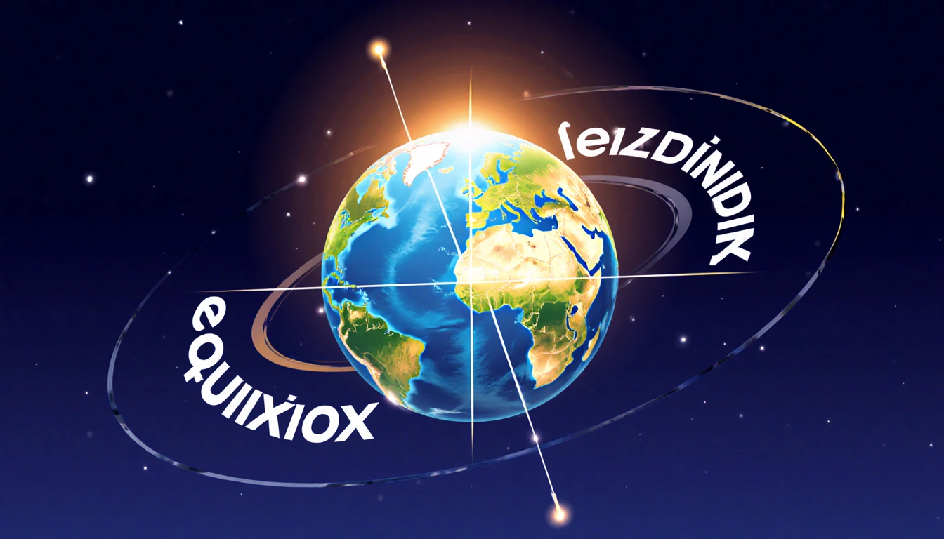 Earth aligning its axis with orbit during equinox with equal daylight and twilight across northern and southern hemispheres