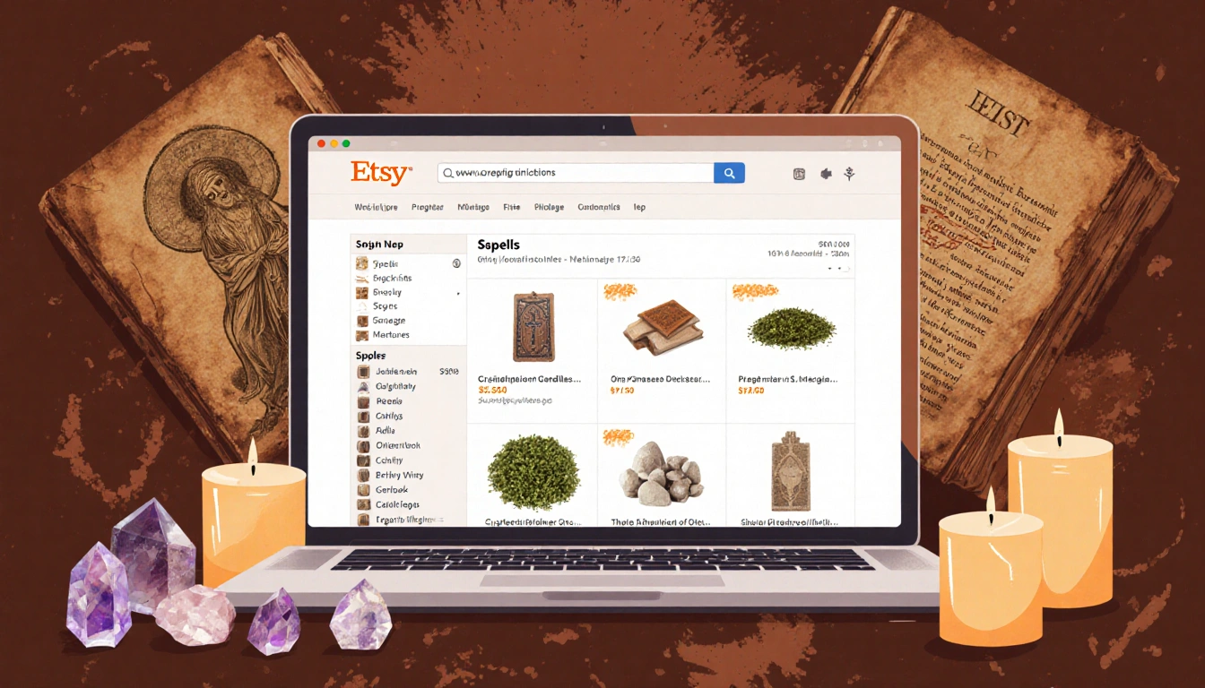Laptop screen shows online spell purchases with crystals and candles and old religious texts in background