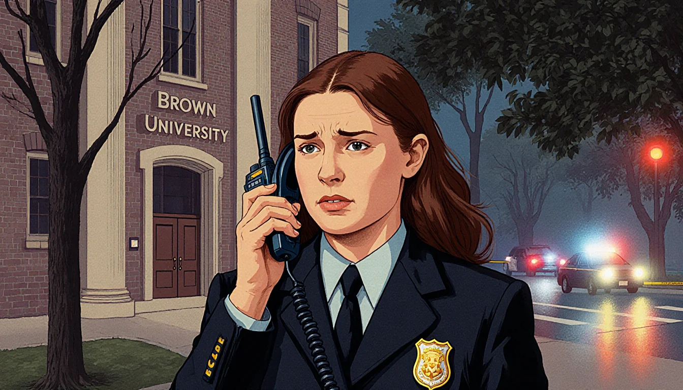 Eva Erickson standing with security radio and police lights behind Brown University campus.
