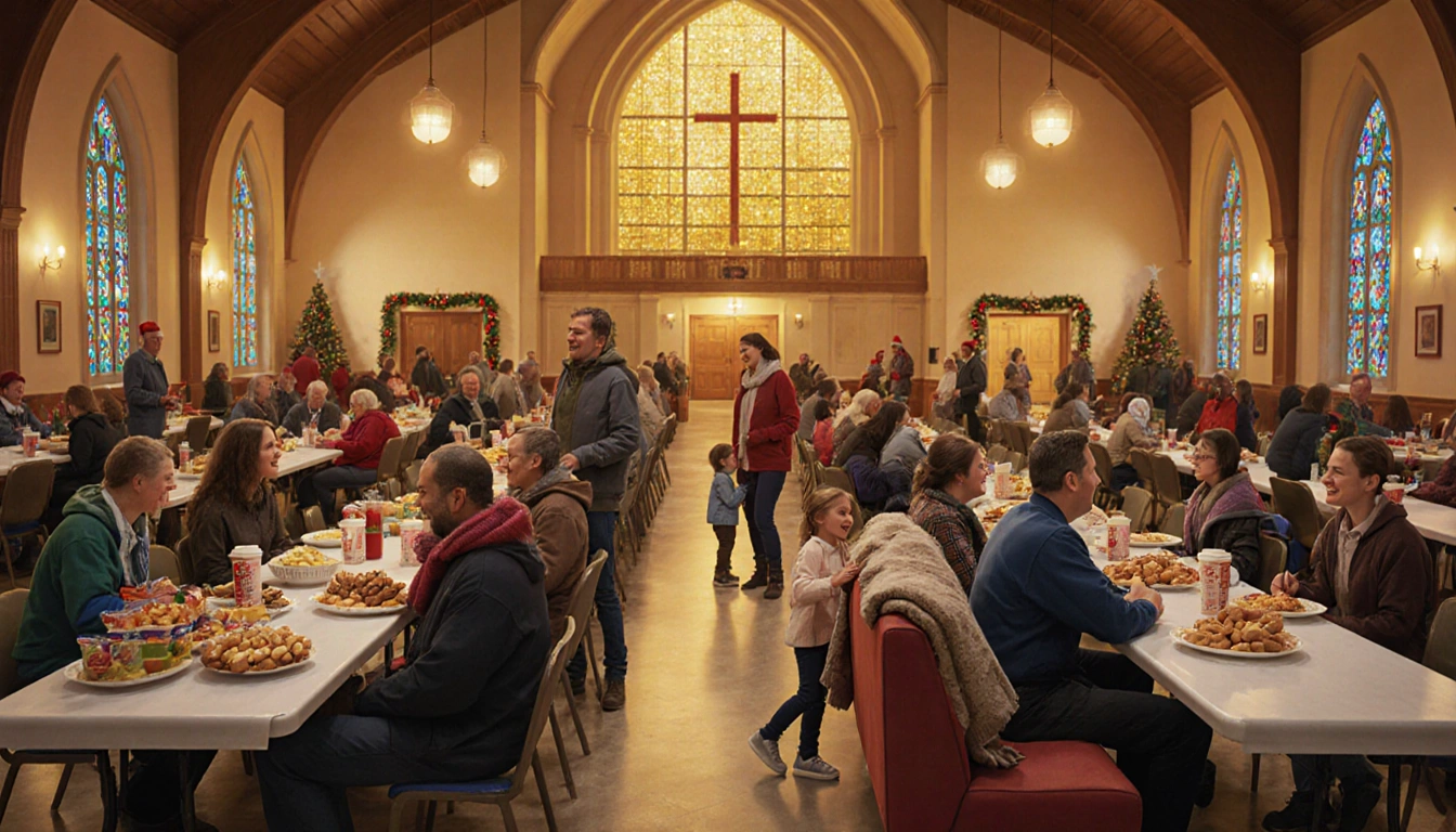 Displaced residents chatting with volunteers at an evacuation center with the church facade glowing and families on couches