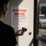 Hairstylist standing in front of a red eviction notice with light revealing a worried face and hand holding a business card