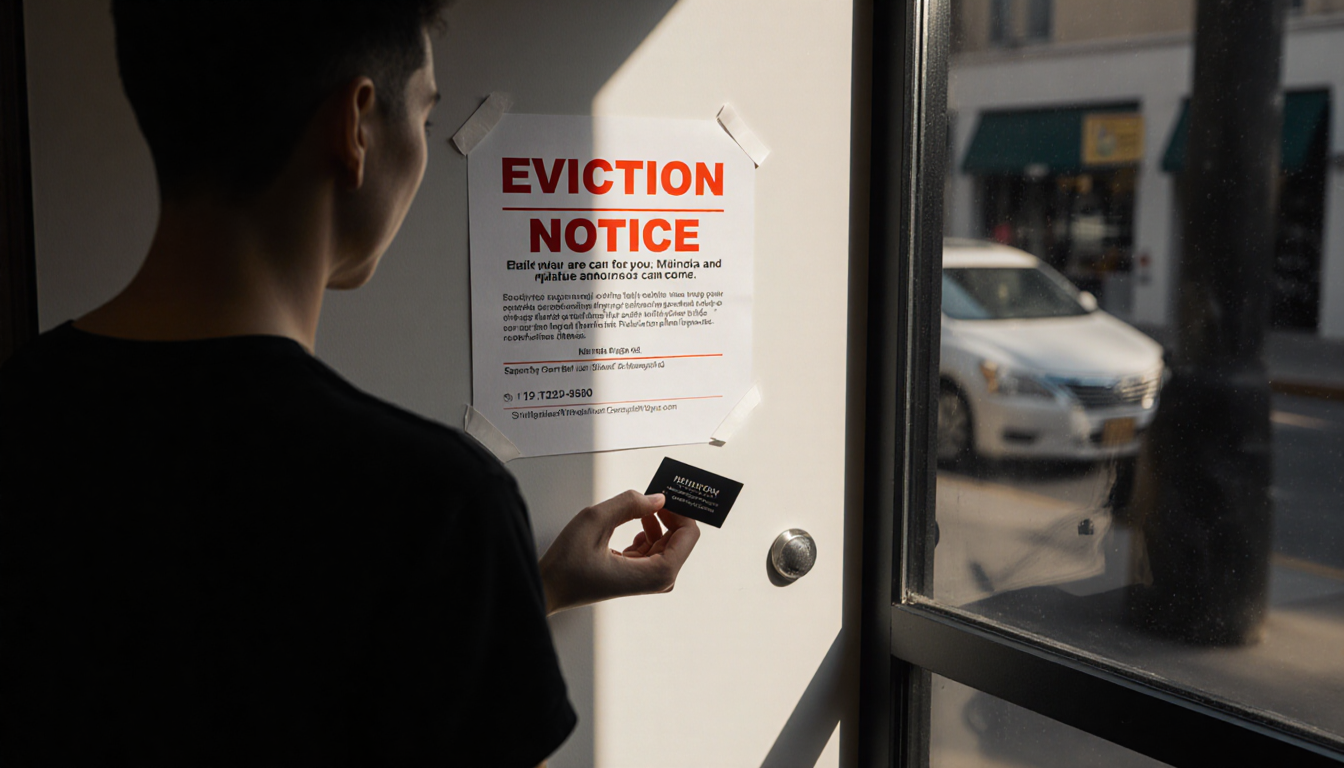 Hairstylist standing in front of a red eviction notice with light revealing a worried face and hand holding a business card