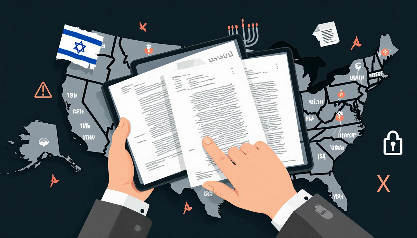 Person holding eight-page document with cryptic messages on a tablet near US map with marked locations and torn flag.