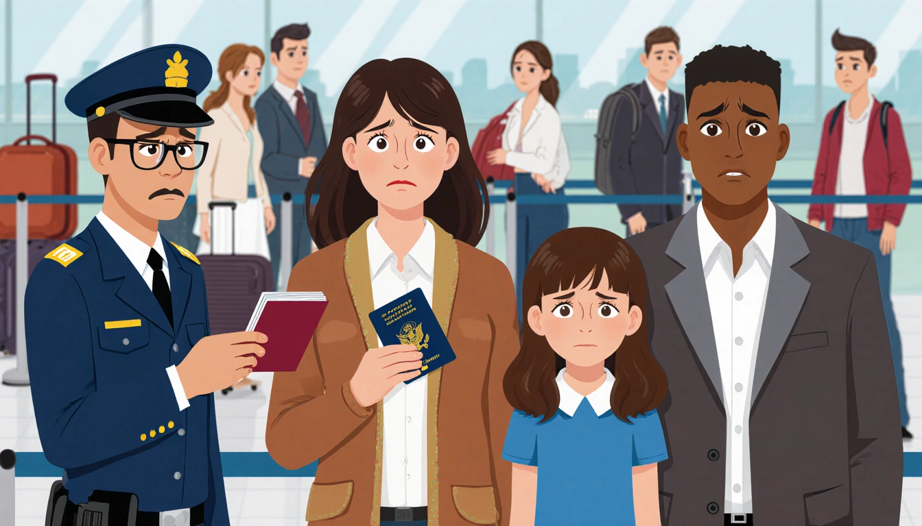 Family standing at airport security with mother clutching passport and father holding ID while TSA agent scrutinizes them