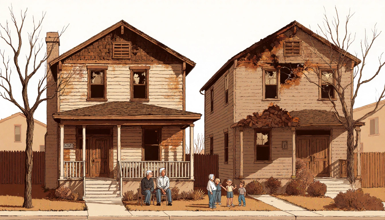 Older adults chatting on porch with warm wooden buildings and a hint of wildfire damage in background