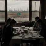 Family huddles around a table with unpaid bills and a bleak window showing an industrial highway