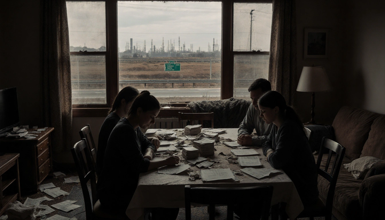 Family huddles around a table with unpaid bills and a bleak window showing an industrial highway