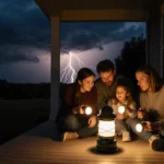 Family gathers around lantern with golden glow and stormy sky lighting the porch.