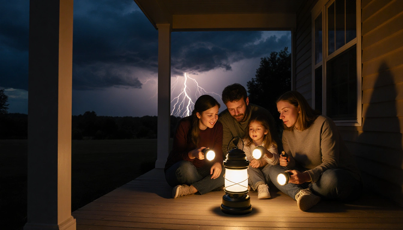 Family gathers around lantern with golden glow and stormy sky lighting the porch.