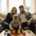 Amy Schumer sitting on couch with her son playing blocks at their feet.