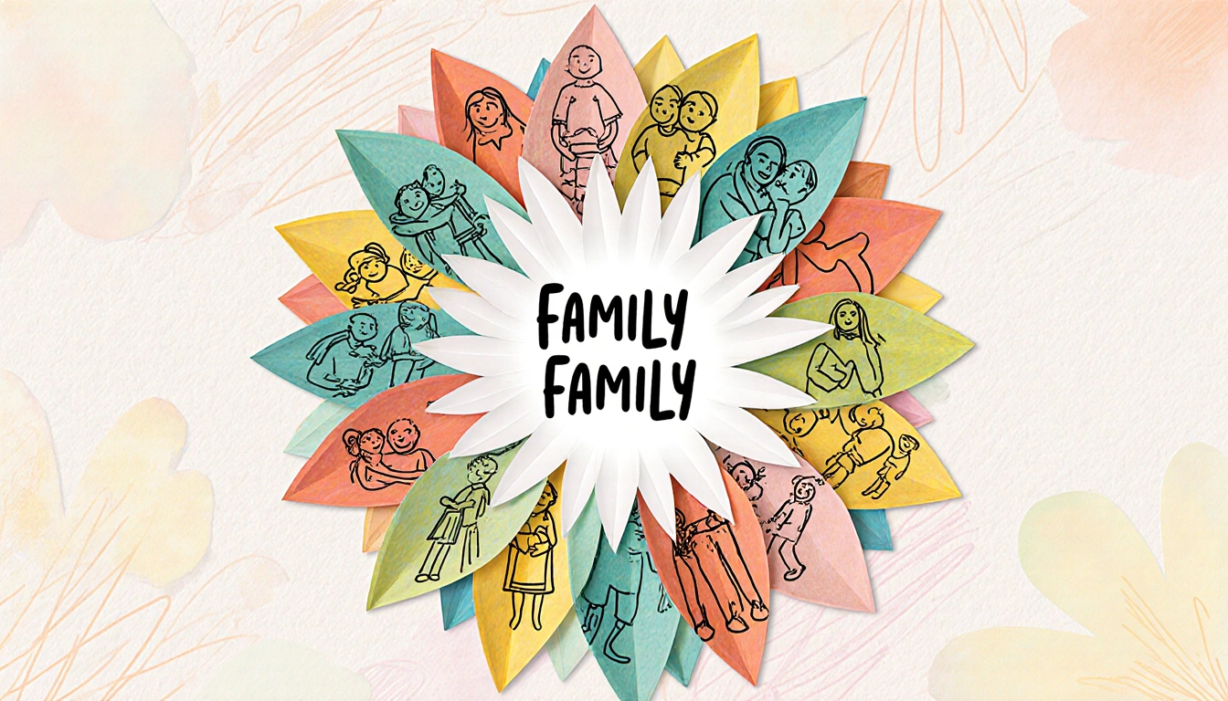 Paper flower blooms with family names in center and hand-drawn petal sketches of hugs and laughter.