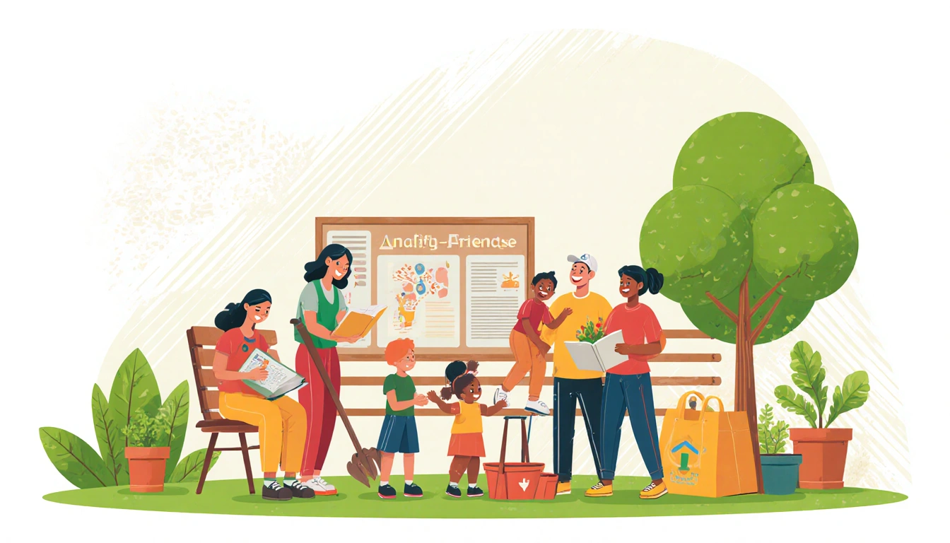 A family volunteering reading to children with trees and community board in vibrant park background