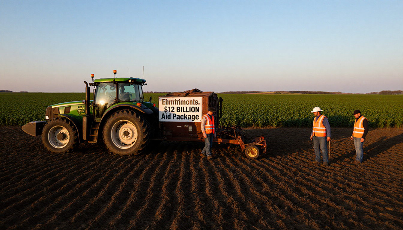 Farmers inspecting newly planted crops with a tractor bearing a 
