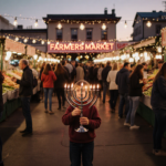 Young child holding a lit hanukkiah with string lights and colorful produce at a bustling farmers market