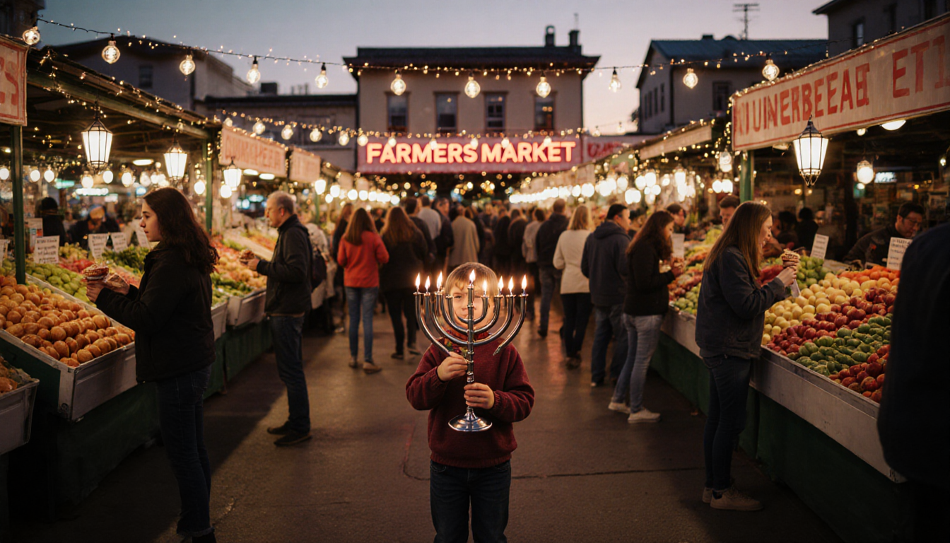 Young child holding a lit hanukkiah with string lights and colorful produce at a bustling farmers market