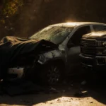 Crumpled sedan lying with blanket wrapped around its hood and pickup truck rear shattered on Kelvin Ave crash devastation.