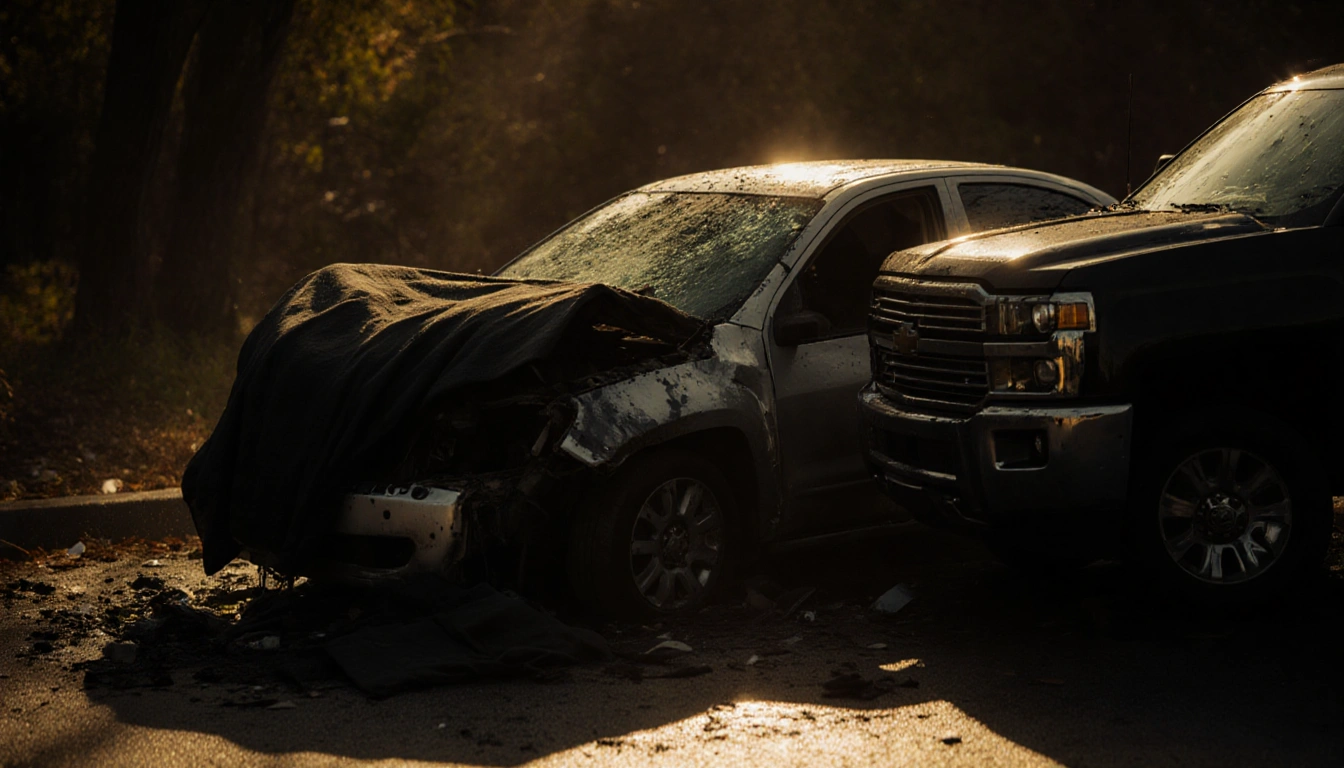 Crumpled sedan lying with blanket wrapped around its hood and pickup truck rear shattered on Kelvin Ave crash devastation.