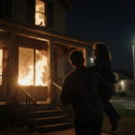 Father carrying child toward safety with flames licking windows and moonlit glow illuminating night and their faces.
