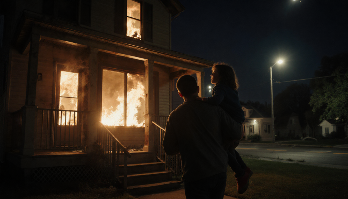 Father carrying child toward safety with flames licking windows and moonlit glow illuminating night and their faces.