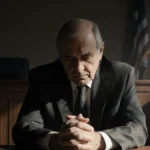 Father sitting alone in courtroom with hands clasped and long shadows across his sorrowful face