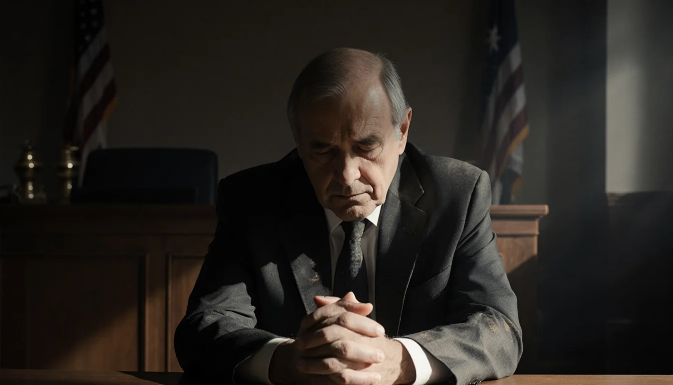 Father sitting alone in courtroom with hands clasped and long shadows across his sorrowful face