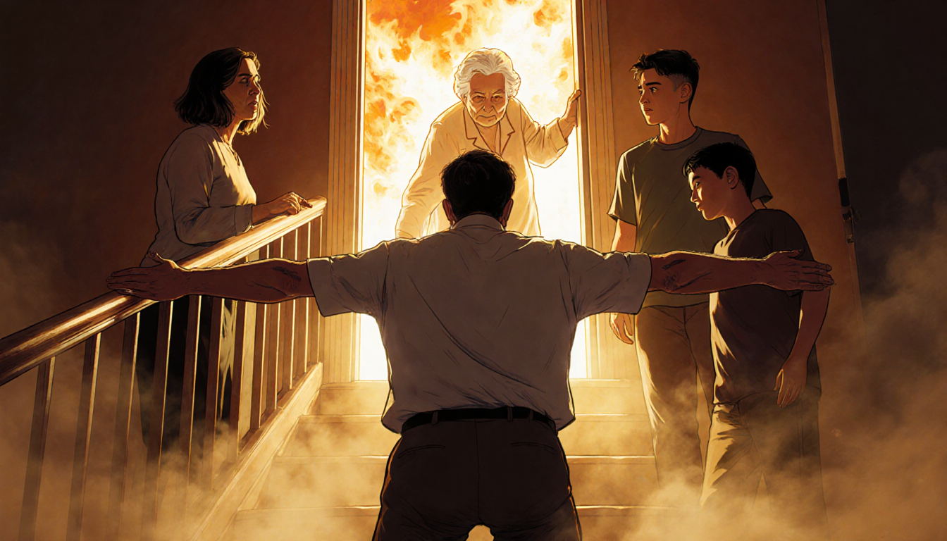 Father kneeling with arms outstretched pulls woman up from smoke-filled staircase with flames visible through door