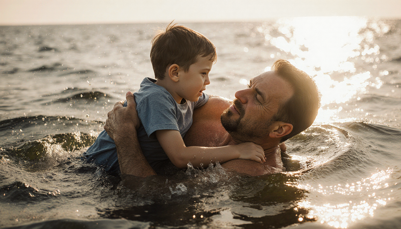 Father holding 7‑year‑old son above water after kayak capsizes with warm sun glow