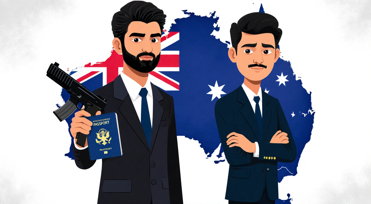 Father holding passport for gun ownership with son standing behind arms crossed against subtle Australian flag background.