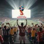 Fans holding tickets and wearing vibrant jerseys fill the stadium with the FIFA World Cup logo glowing behind them.