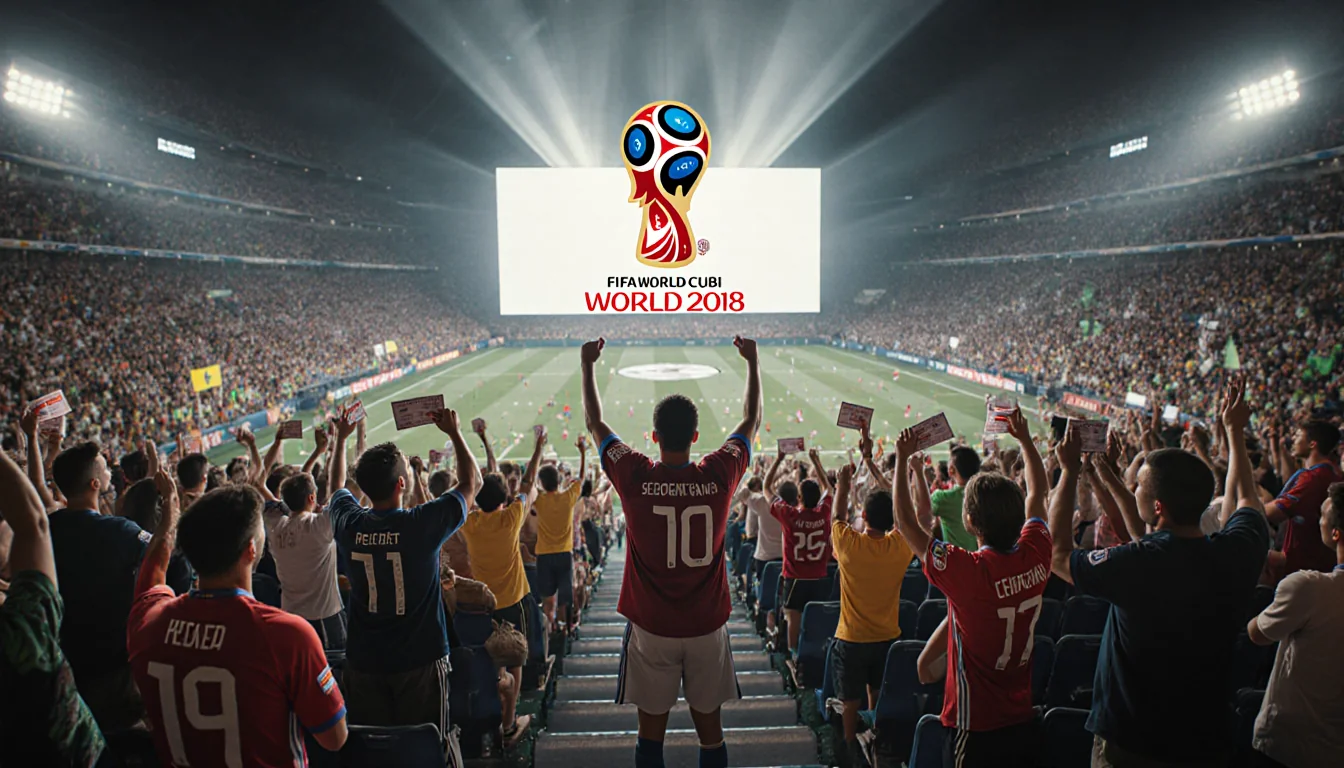 Fans holding tickets and wearing vibrant jerseys fill the stadium with the FIFA World Cup logo glowing behind them.