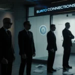 FBI agents stand outside office entrance with watchers from afar and Surro Connections logo on building façade
